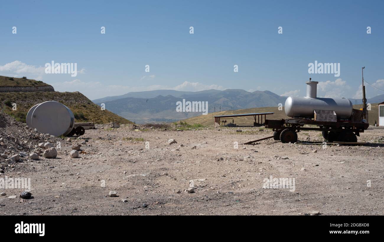 The cistern trailer standing unattained in the Armenian mountains Stock Photo
