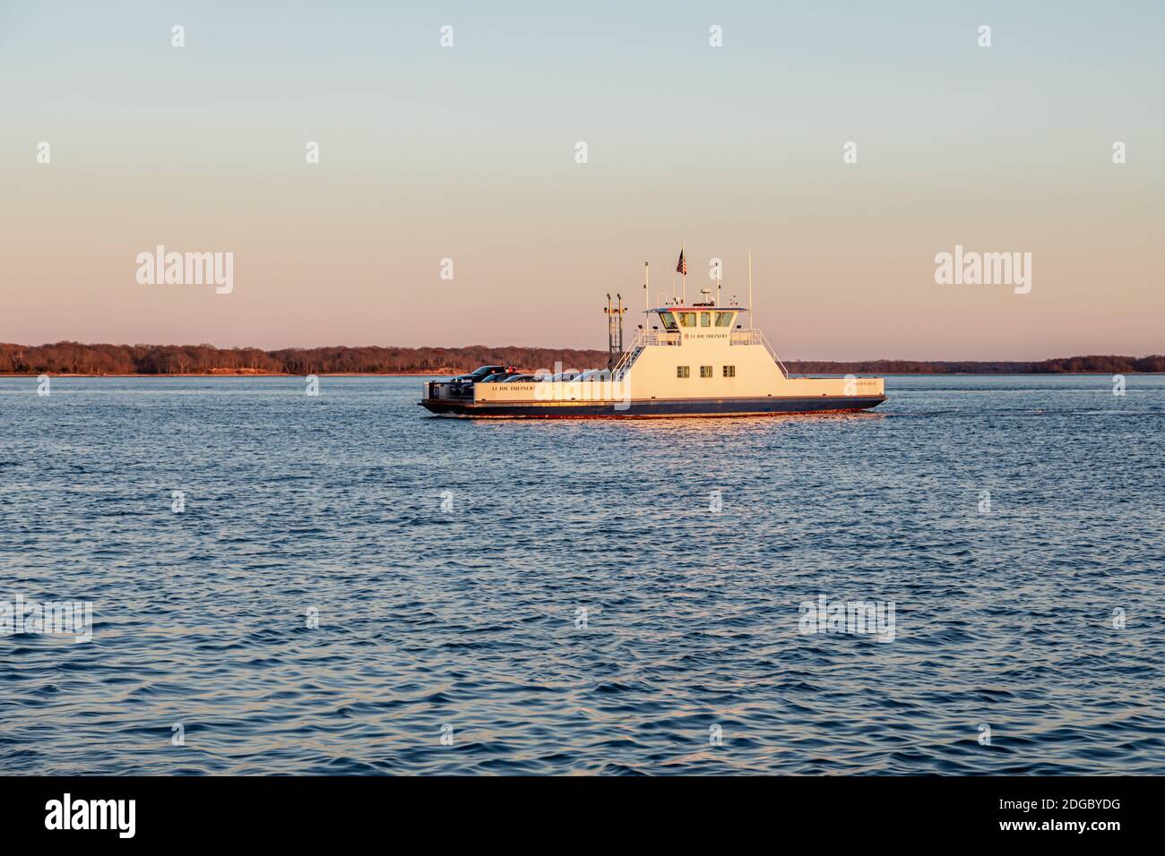 Late day sun on the Shelter Island Ferry, Shelter Island, NY Stock Photo