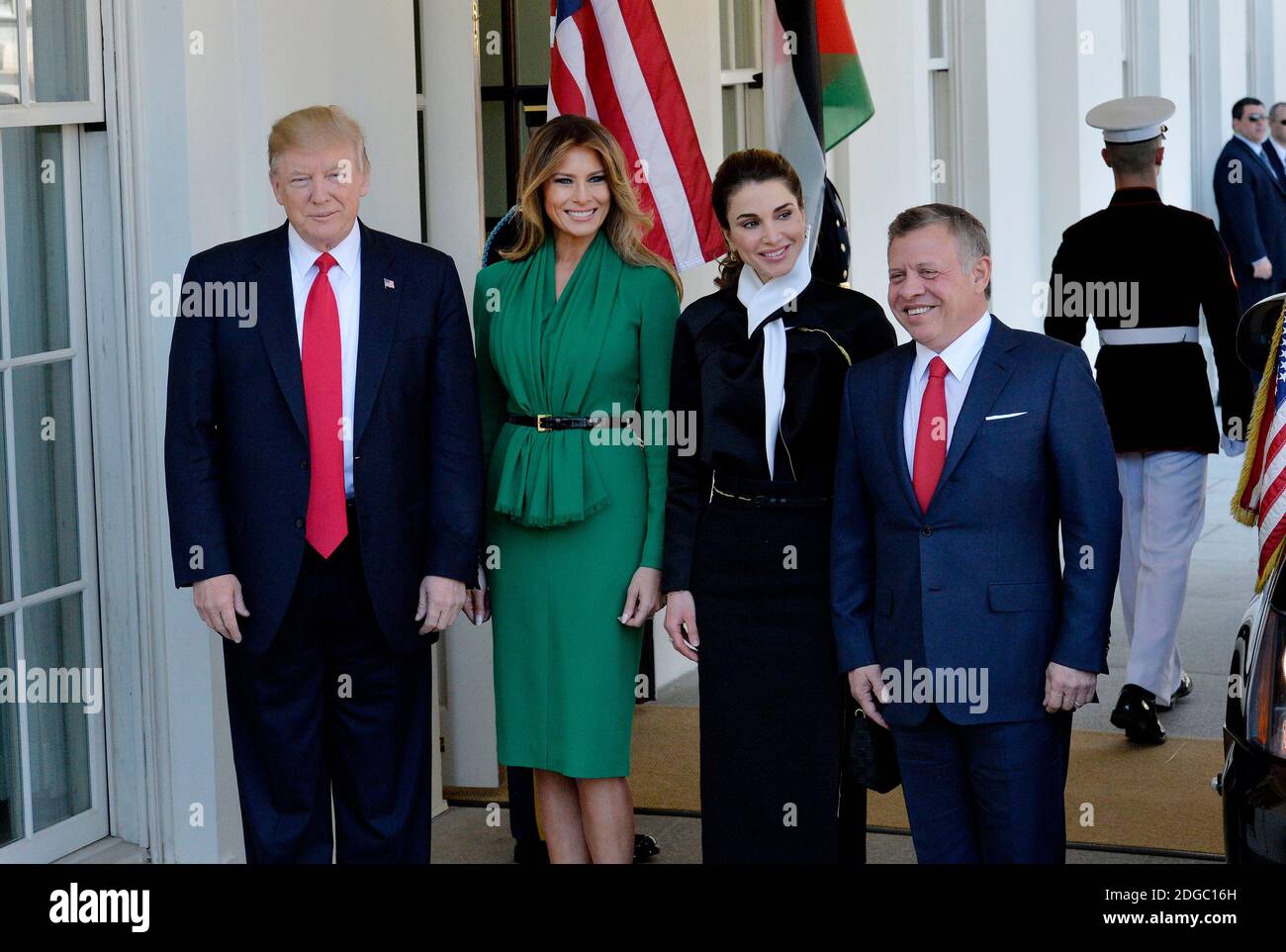 US President Donald Trump and the First Lady Melania Trump welcome King  Abdullah II and Queen Rania of Jordan at the West Wing of the White House  in Washington, DC, April 5,