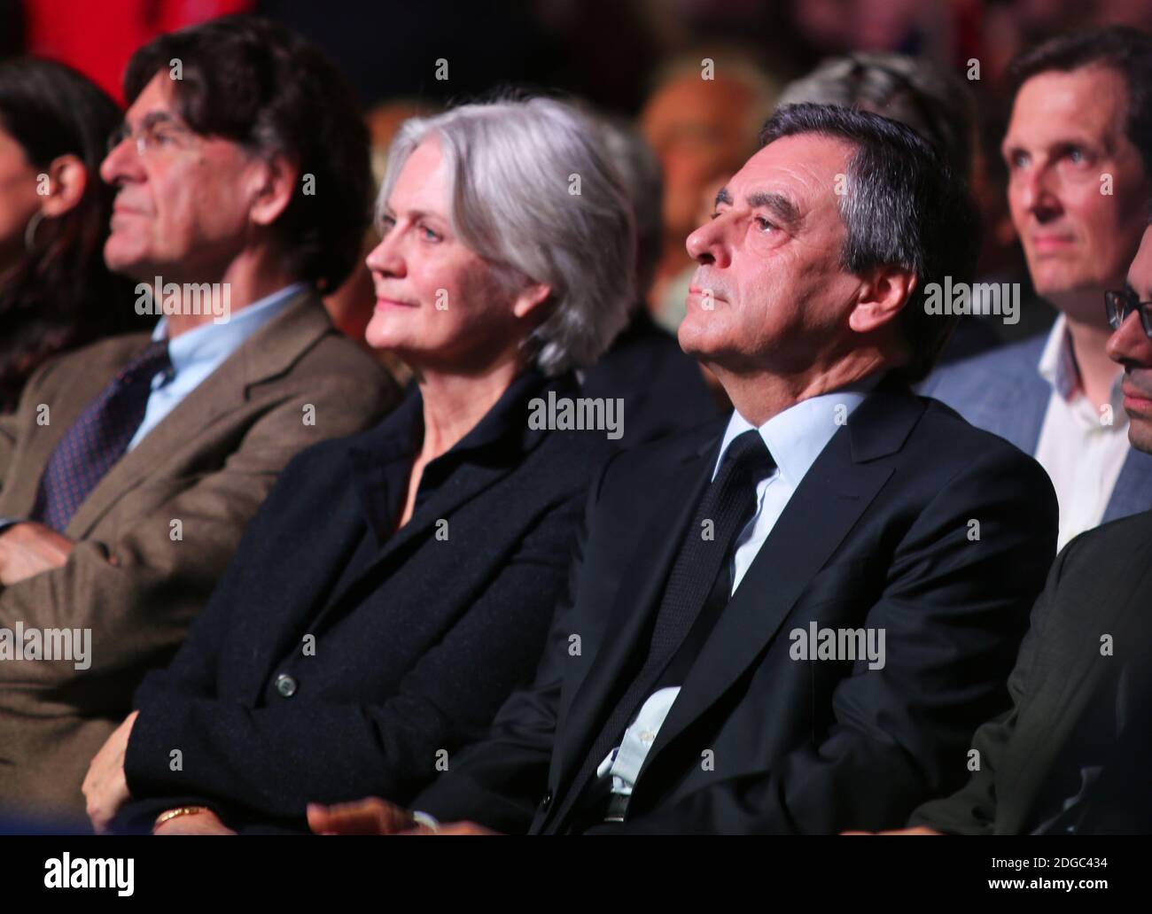 L-R) Luc Ferry, Penelope Fillon and former French Prime Minister and Les  Republicains (LR) candidate for the upcoming presidential elections François  Fillon during a campaign meeting at Porte de Versailles in Paris,