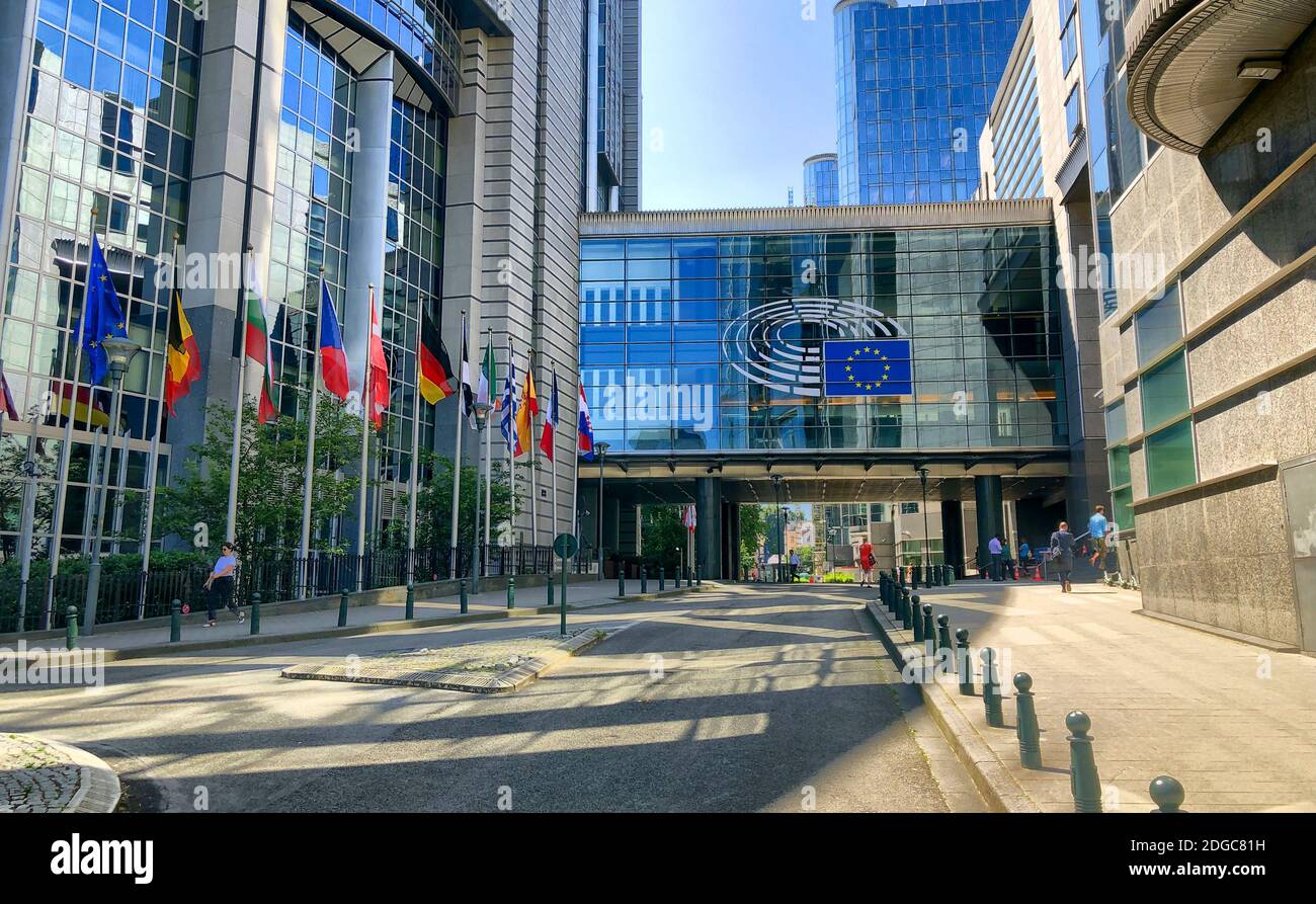 Brussels, Belgium, June, 2019, Modern building of European Parliament in the European quarter in Brussels, Belgium. Stock Photo