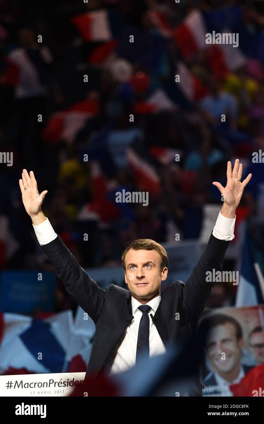 French presidential candidate Emmanuel Macron gestures as he delivers a ...