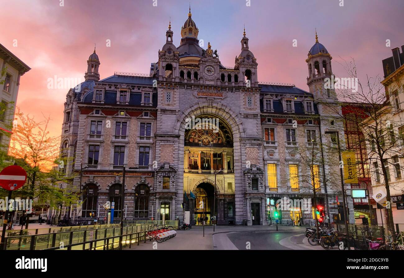 Antwerp, Belgium - June 2019: Antwerp Central Train station at sunrise Stock Photo