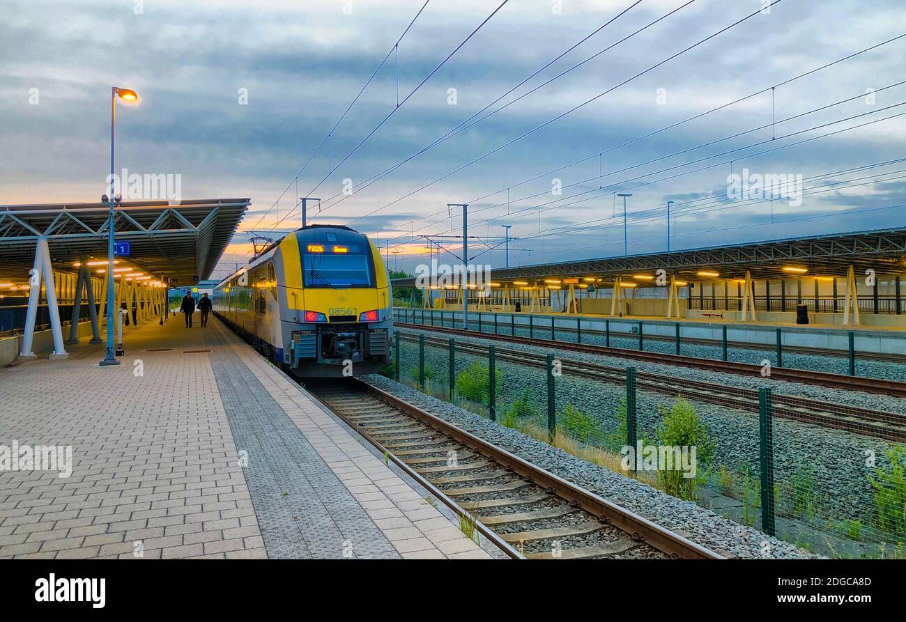 Brecht, Belgium - June 2019: A commuter train in the Noorderkempen railway station in Brecht at sunrise Stock Photo