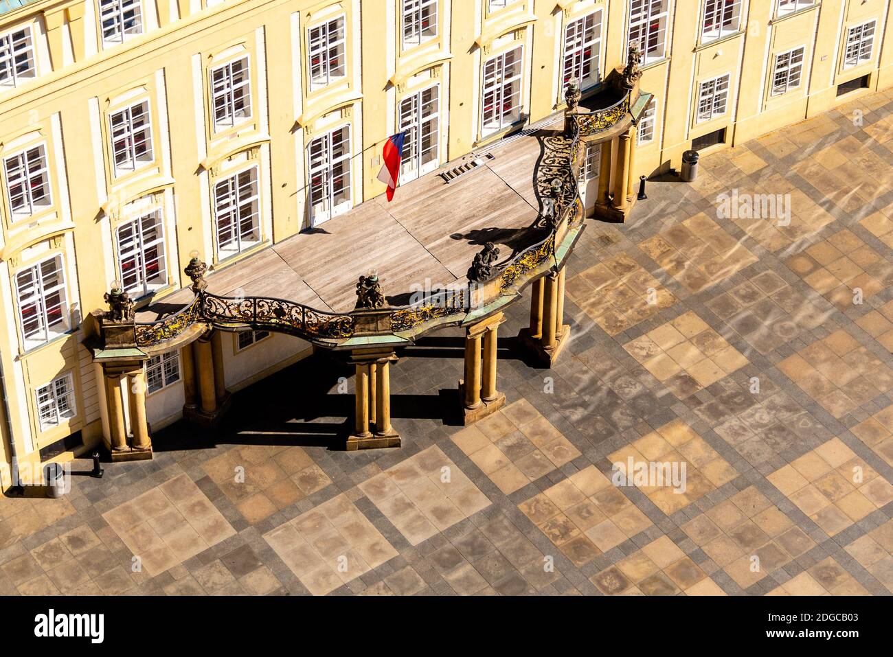 Prague Castle - entrance door with balcony to the Archives on Third Courtyard, Prague, Czech Republic. Aerial view. Stock Photo
