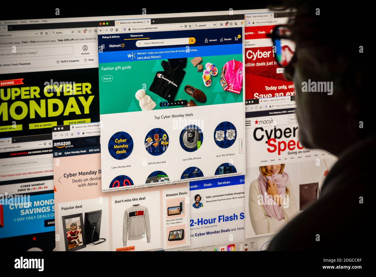 A potpourri of websites from a melange of retailers touting their CyberMonday sales on Monday, November 30, 2020.Because of the pandemic and online shopping consumers have cracked open their virtual wallets all weekend but according to Adobe Analytics shoppers are expected to reach $12.7 billion in online sales today surpassing the rest of the weekend. (© Richard B. Levine) Stock Photo
