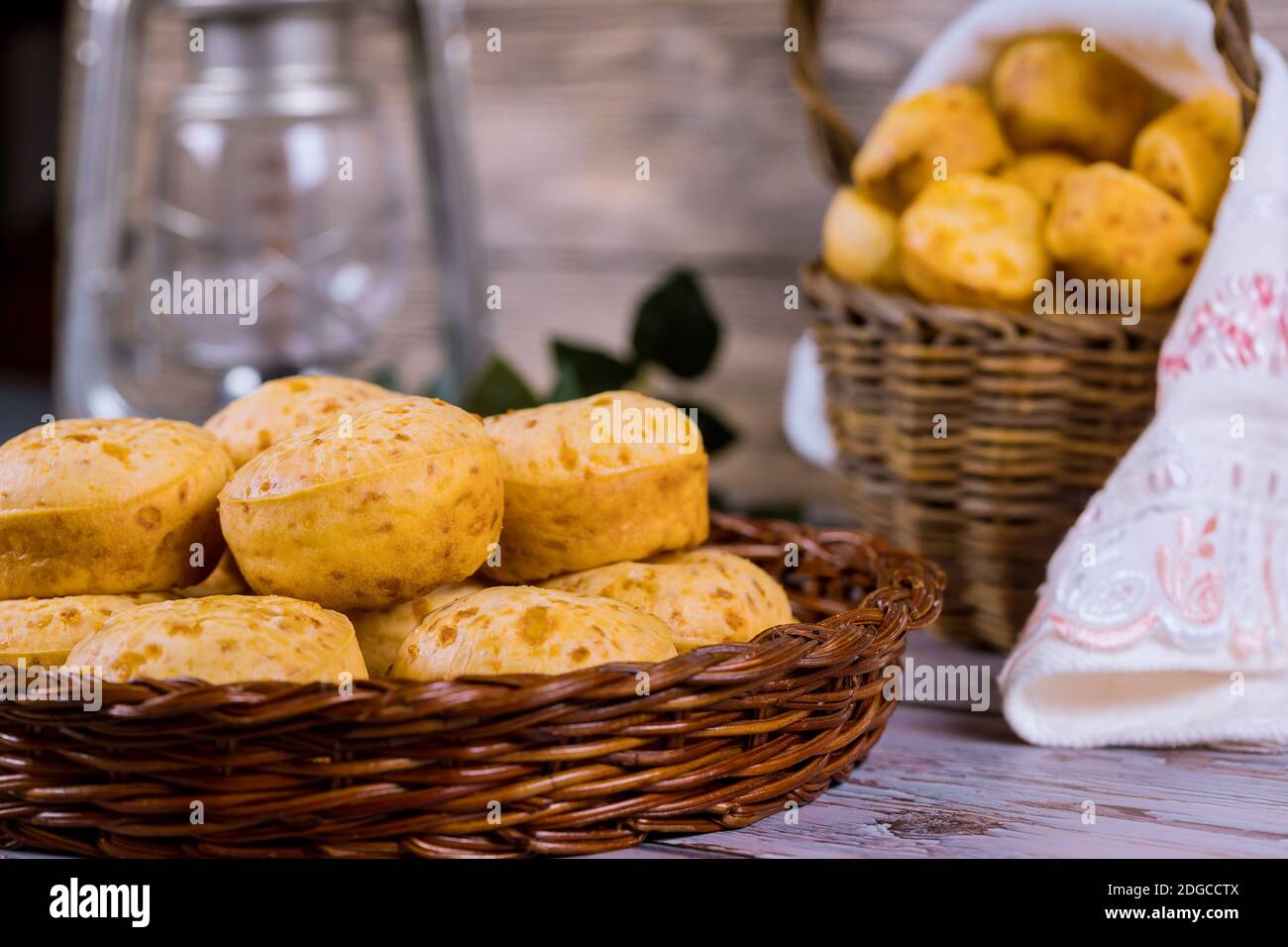 Brazilian cheese bread, chipa in basket. Stock Photo