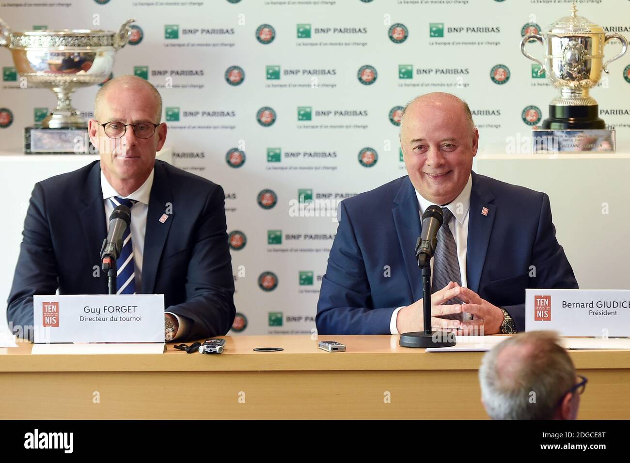 President of French Tennis Federation (FFT) Bernard Guidicelli and director  Guy Forget attend the press conference launching Roland Garros 2017 at the  Tennis French Federation on April 26, 2017 in Paris. Photo