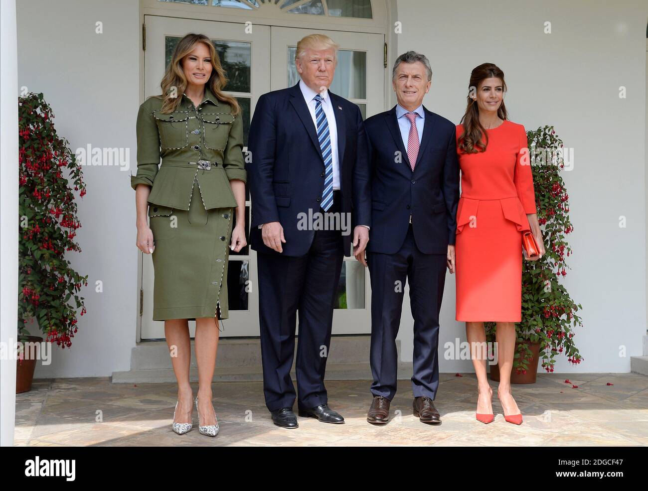 US President Donald Trump and First Lady Melania Trump welcome President of  Argentina Mauricio Macri and his wife Juliana Awada to the White House in  Washington, DC, on April 27, 2017. Photo