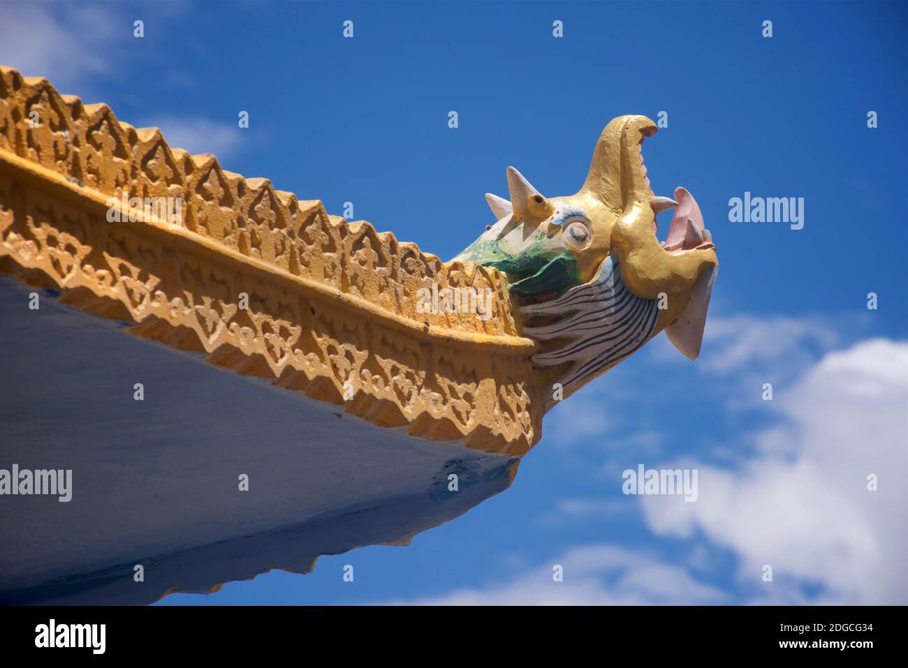Architectural detail of colourfully painted roof finial. Spituk Gompa