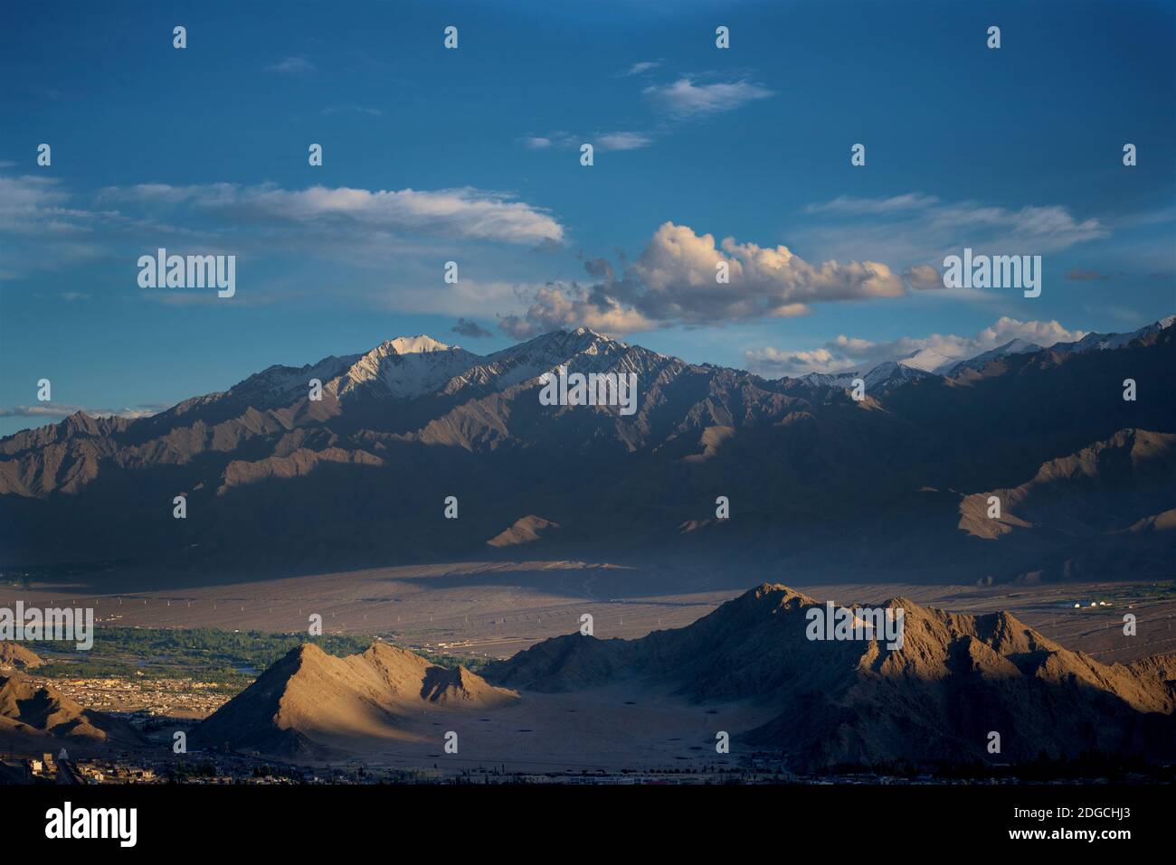 View of the landscape surrounding the Shanti Stupa at Chanspa, Leh district, Ladakh, Jammu and Kashmir, India in July Stock Photo
