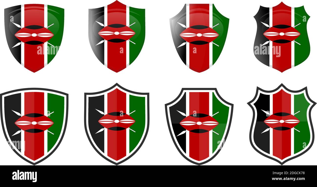Vertical Kenya flag in shield shape, four 3d and simple versions. Kenyan icon / sign Stock Vector
