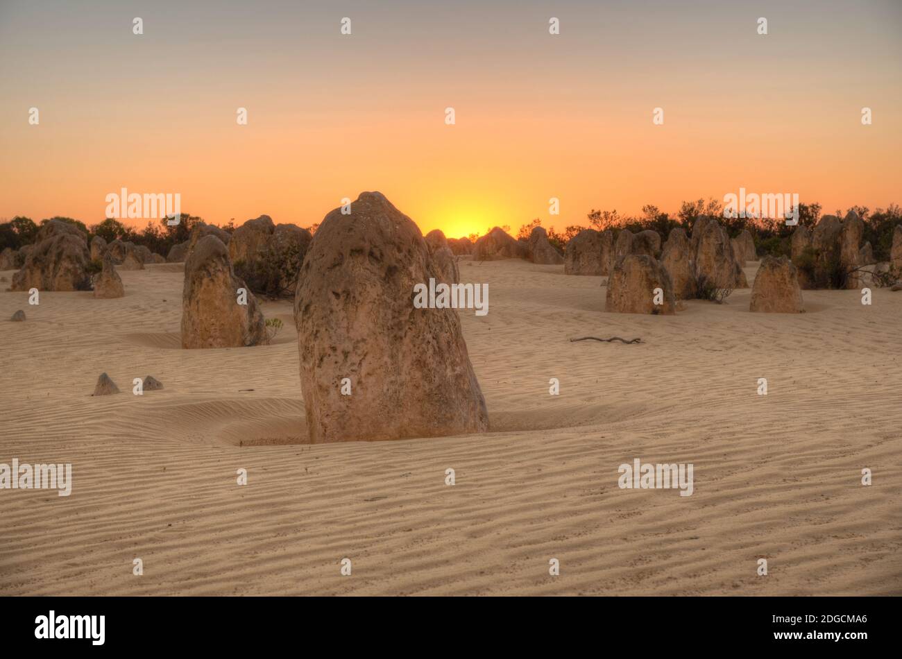 Sunset over the Pinnacles desert in Australia Stock Photo