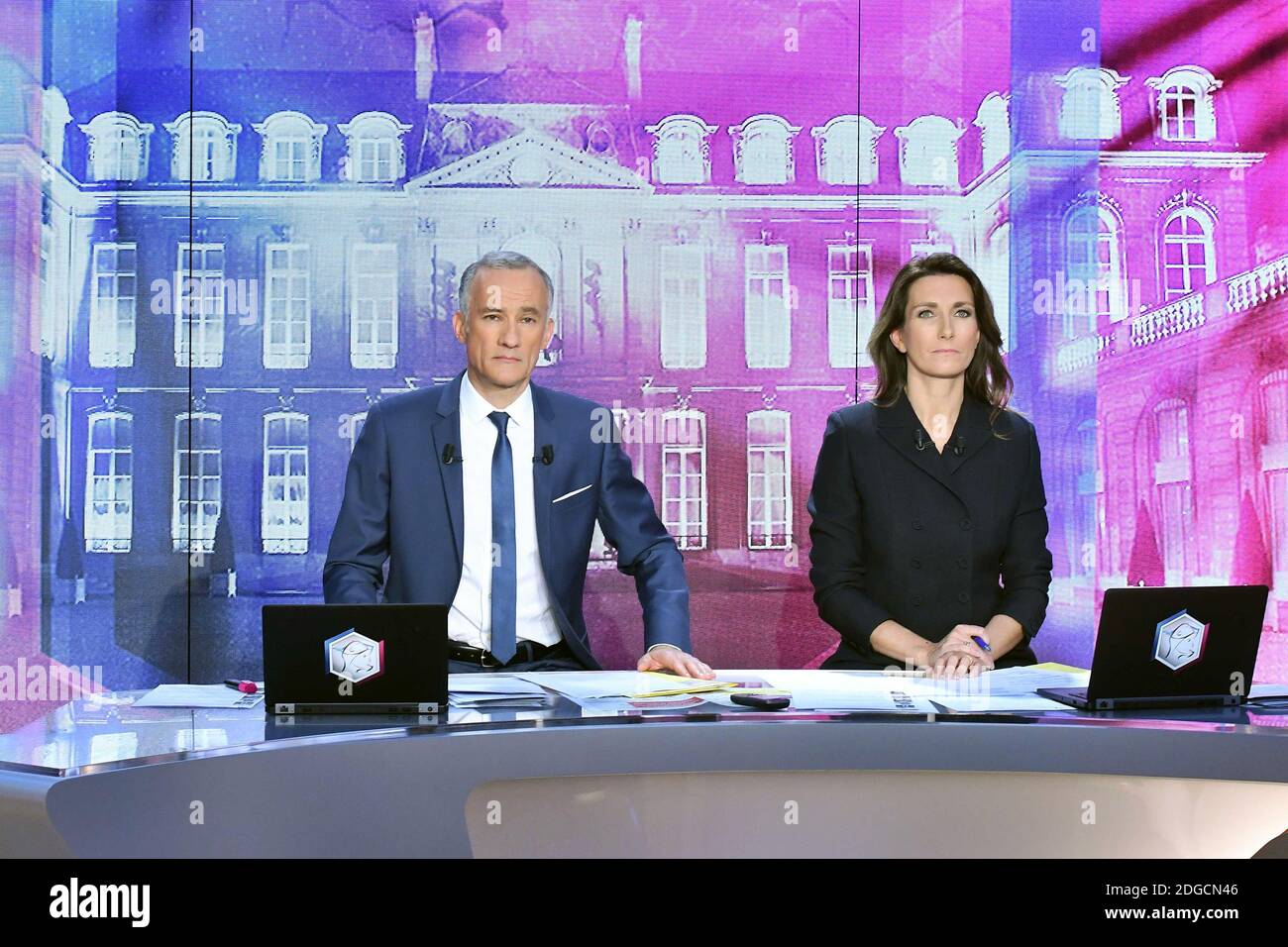 Gilles Bouleau and Anne-Claire Coudray on the set of TF1 TV channel in  Paris, France on May 7, 2017. Macron, a 39-year-old pro-business centrist,  defeated Marine Le Pen, a far-right nationalist who