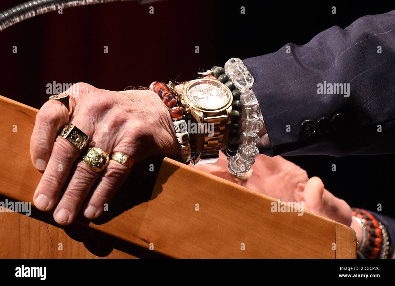 Gemini XII Apollo XI astronaut Buzz Aldrin wears a skull ring and skulls bracelet as he speaks during the Humans 2 Mars Summit at the George Washington University in Washington DC