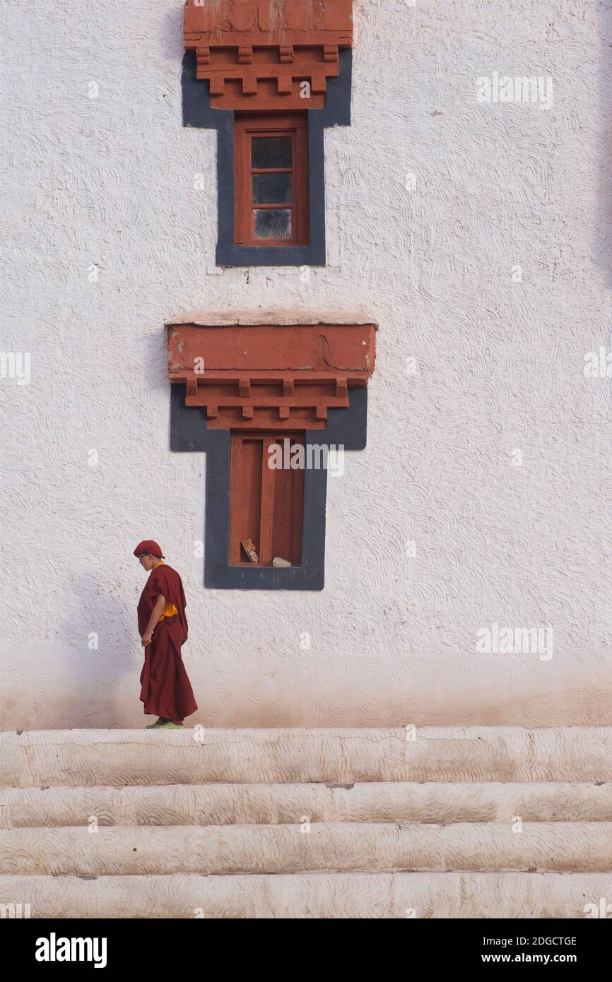 Early morning at Hemis monastery. A monk heading to the prayer hall. Hemis, Ladakh, Jammu and Kashmir, India Stock Photo