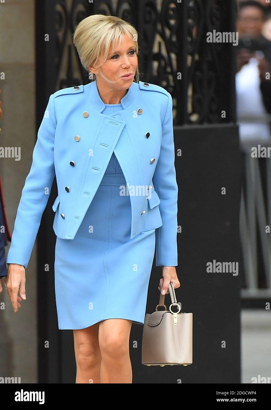 France s first lady Brigitte Macron is ever loyal to Louis Vuitton, Blue Louis  Vuitton Monogram Empreinte Montaigne MM Satchel