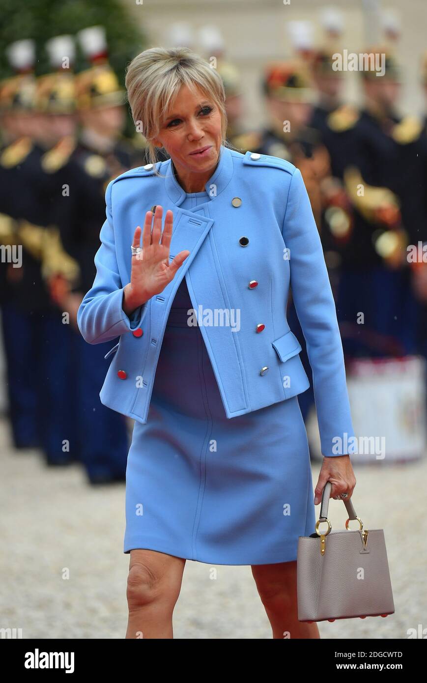 France s first lady Brigitte Macron is ever loyal to Louis Vuitton, Blue Louis  Vuitton Monogram Empreinte Montaigne MM Satchel