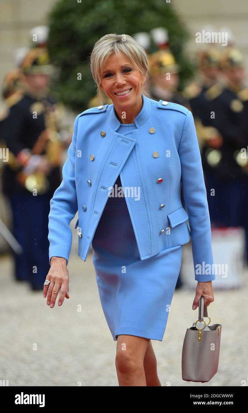 France s first lady Brigitte Macron is ever loyal to Louis Vuitton, Blue Louis  Vuitton Monogram Empreinte Montaigne MM Satchel