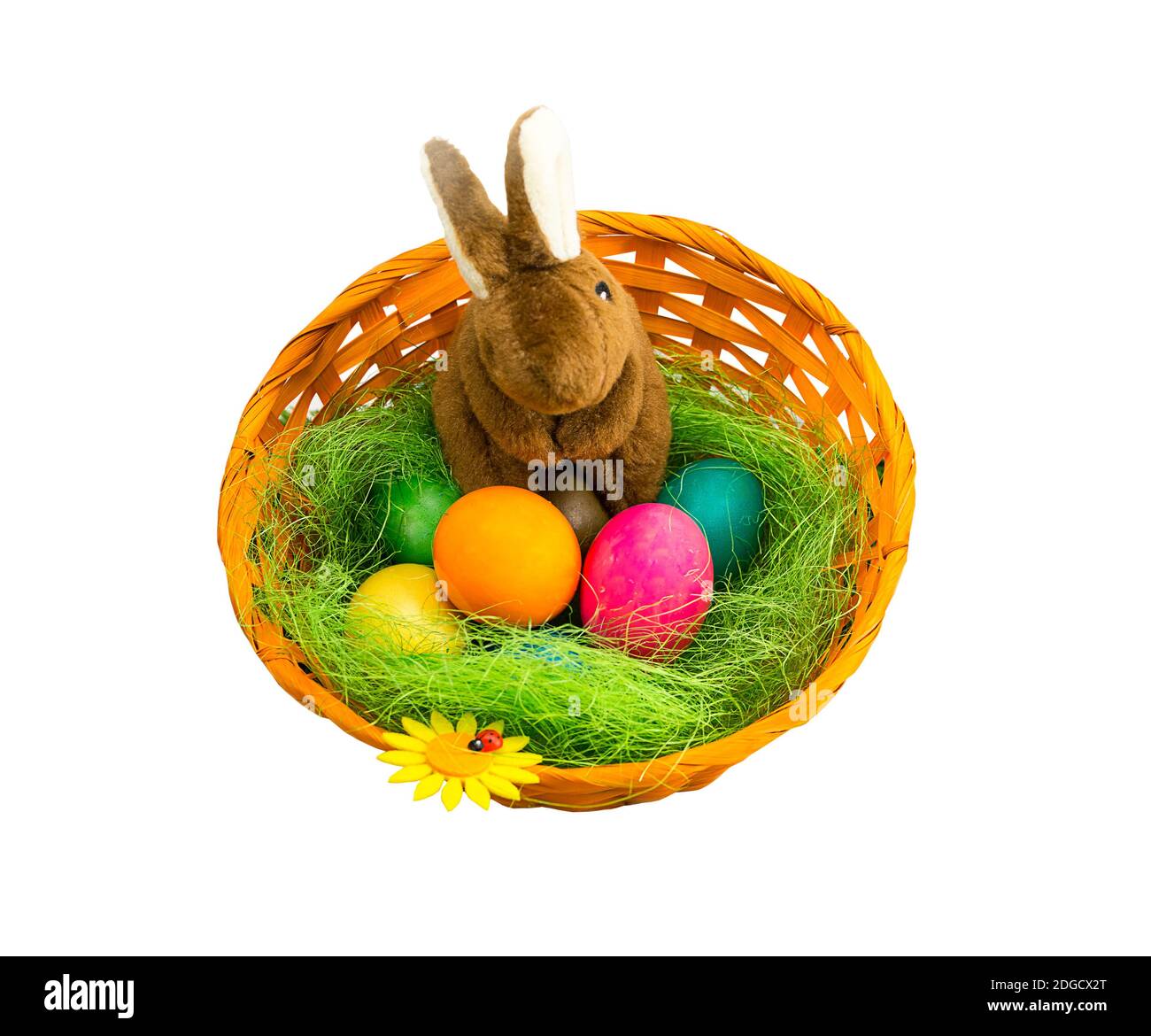 Brown plush soft rabbit in a wicker basket on a green straw surrounded by colorful eggs on a white b Stock Photo