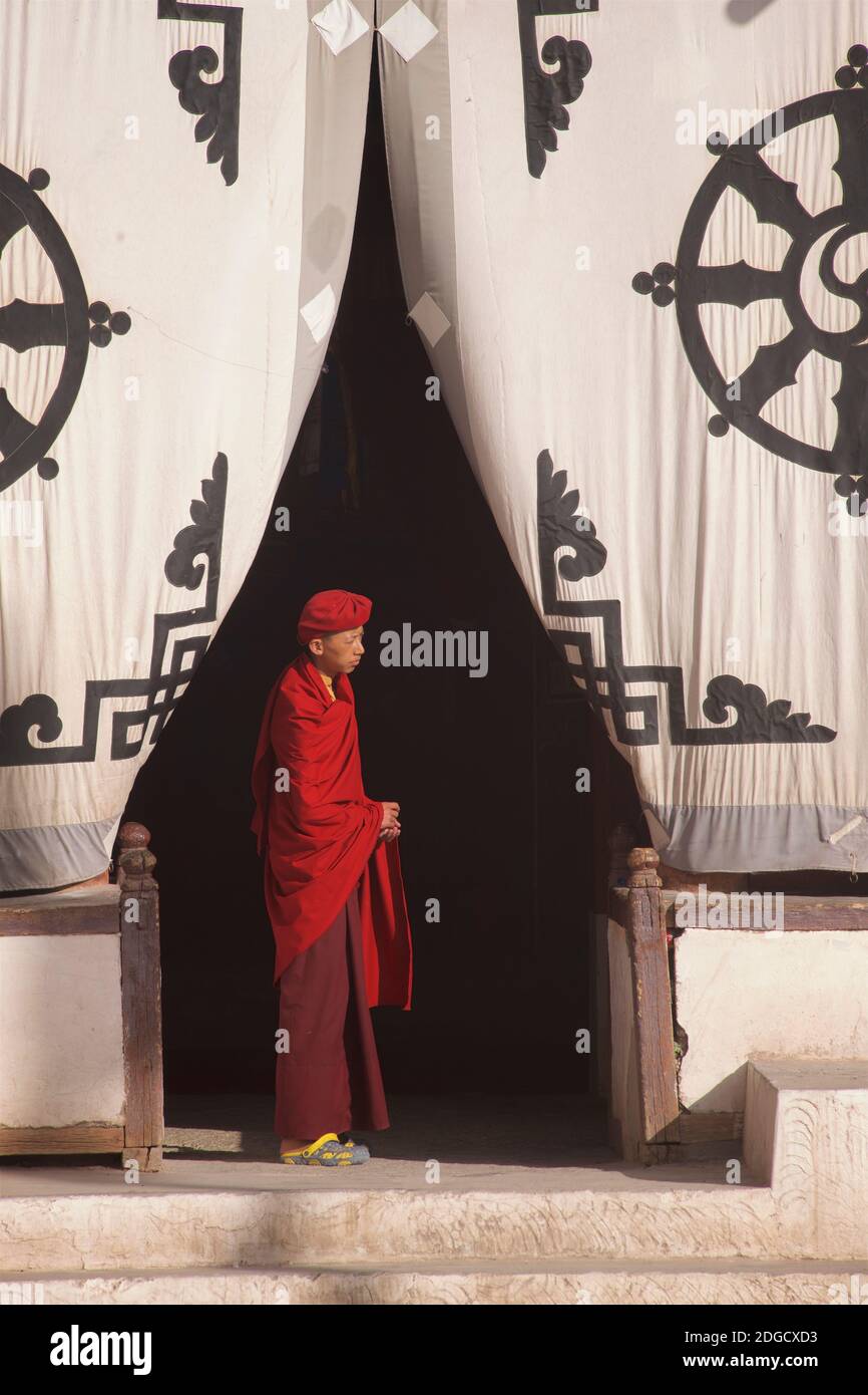 Early morning at Hemis monastery. A young monk  at the entrance to the prayer hall. On the fabric screen at the entrance above is the Dharmachakra - a typical Dharma Wheel with 8 spokes representing the Eightfold Path - The oldest, universal symbol for Buddhism. Hemis monastery, Hemis, Ladakh, Jammu and Kashmir, India. Stock Photo