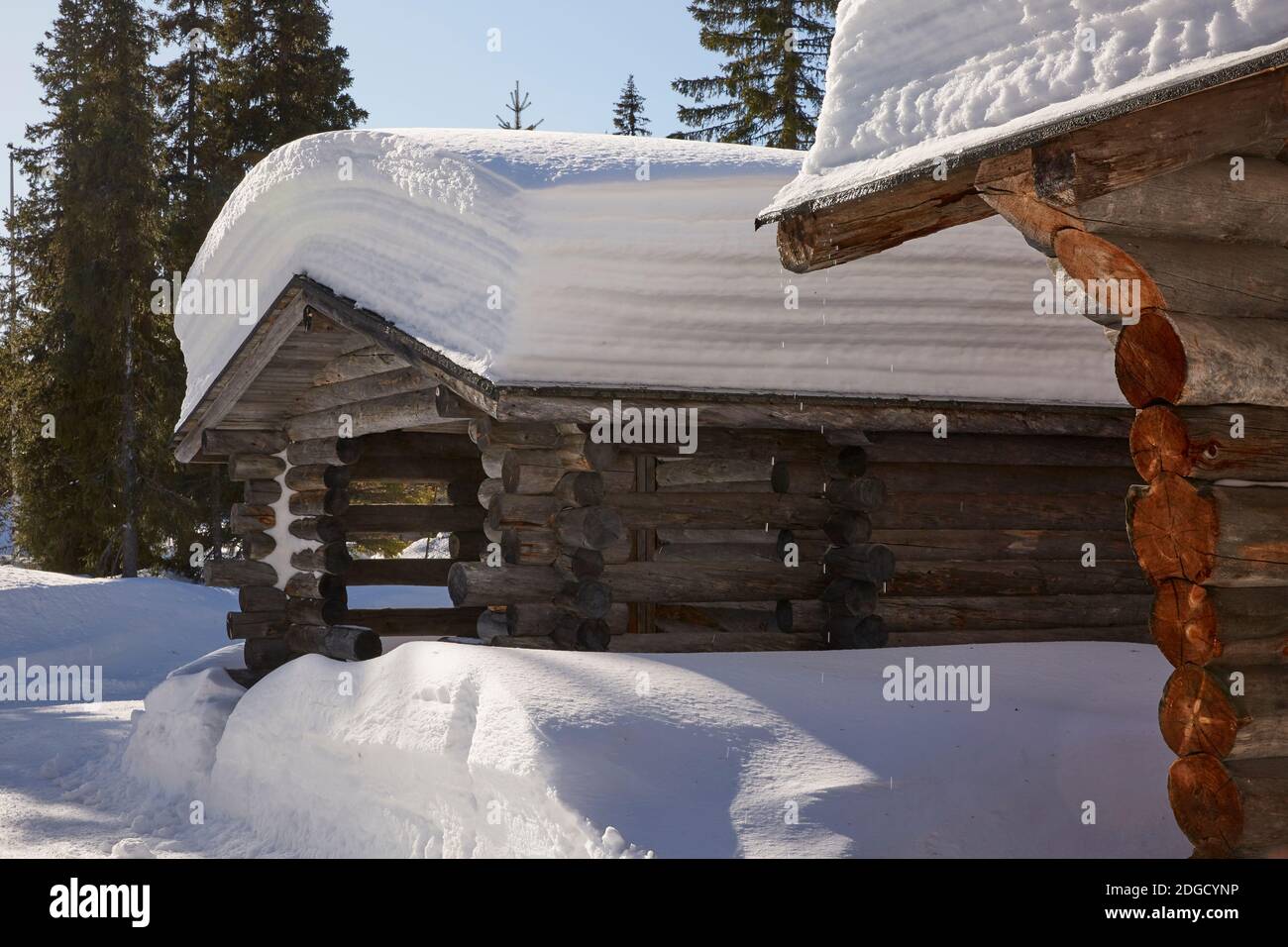 Snowy Log Cabin in the Sun in Lapland Stock Photo - Alamy