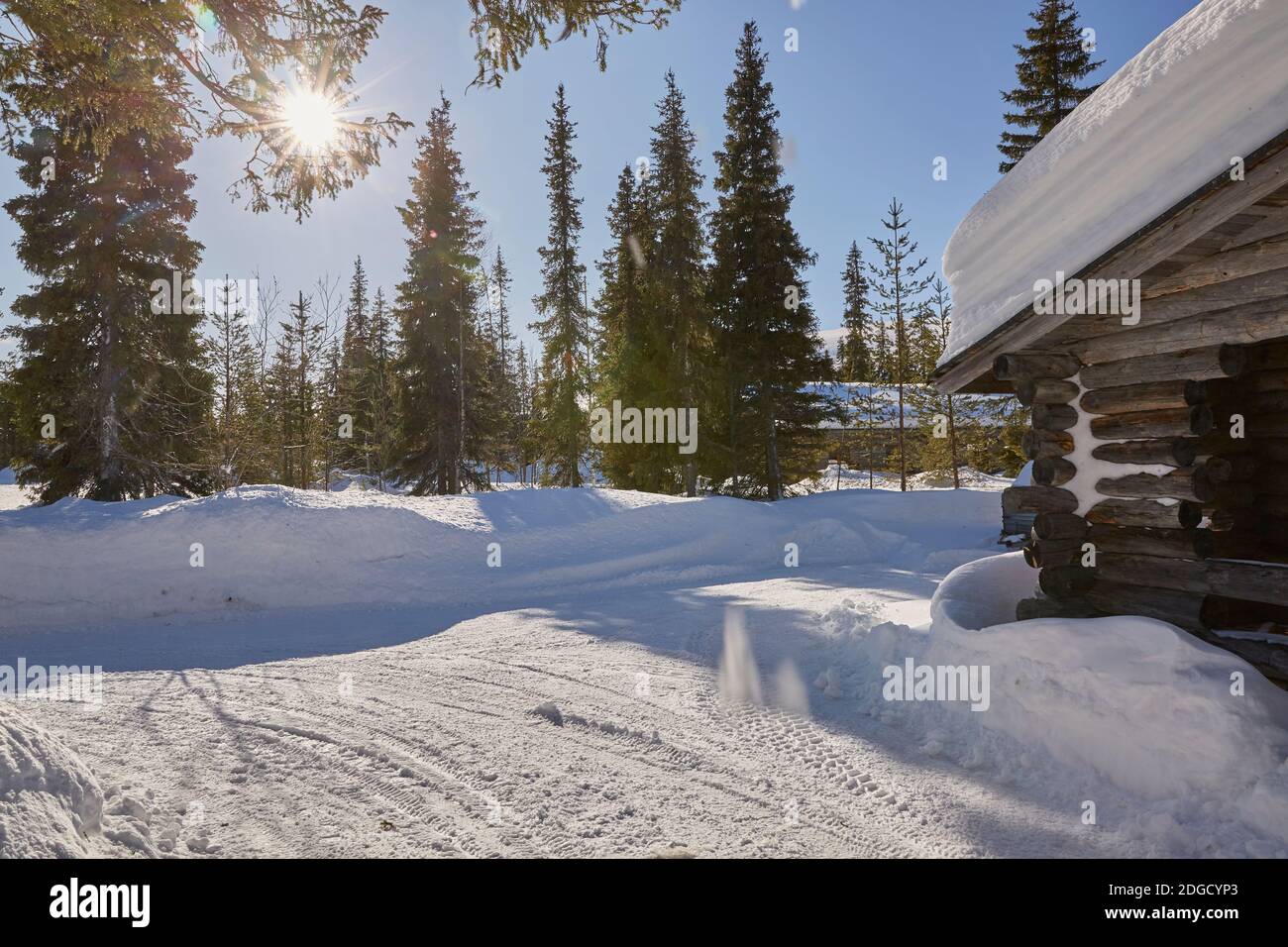 Snowy Log Cabin in the Sun in Lapland Stock Photo - Alamy