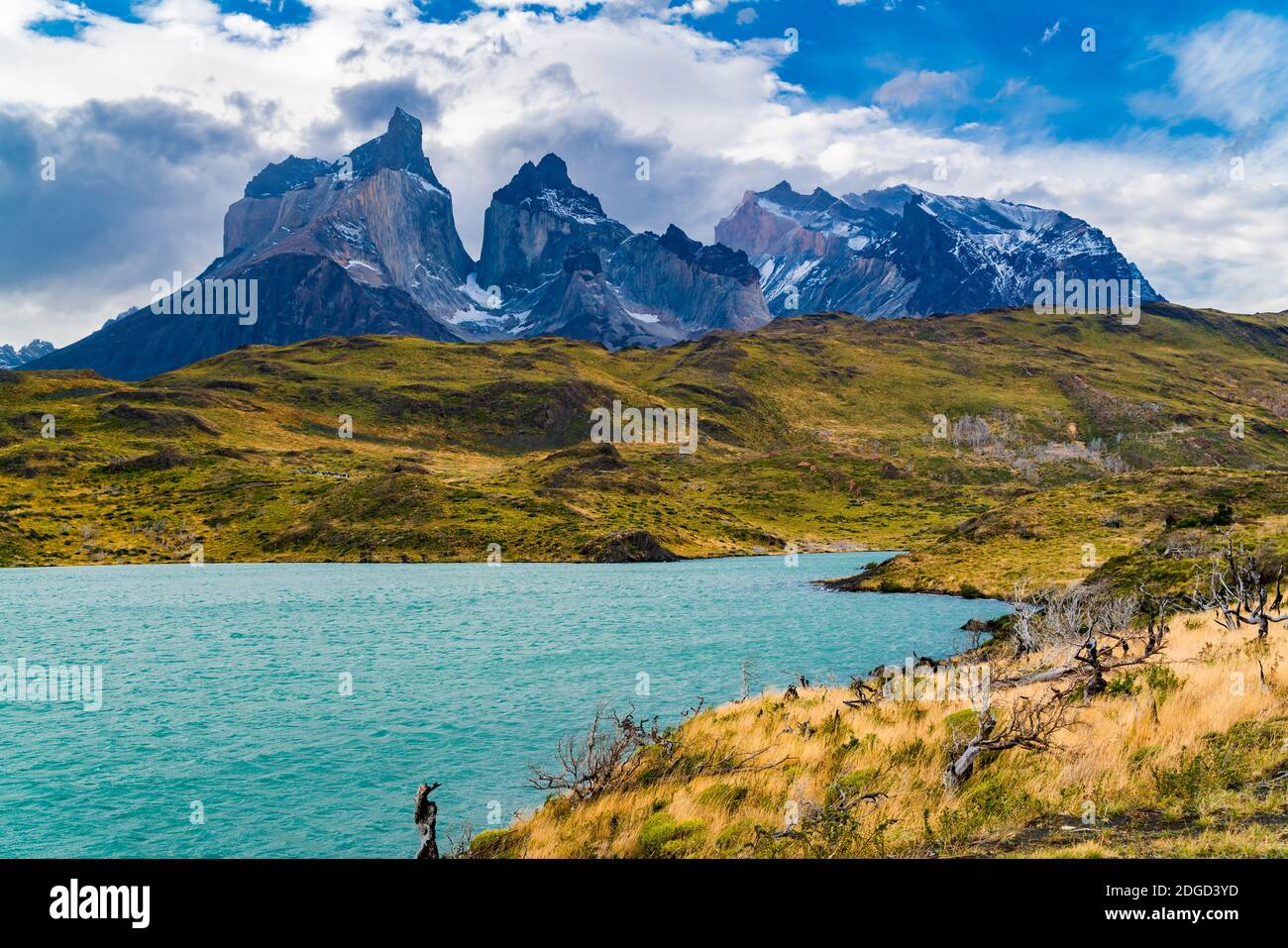 Beautiful mountain landscape with the Cuernos del Paine mountains and mountain Lake Pehoe Stock Photo