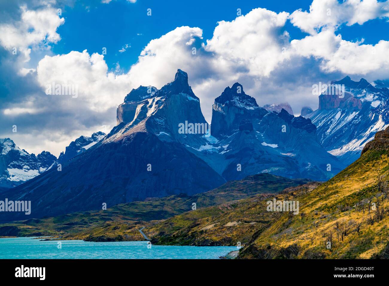 View of Cuernos del Paine Mountains and Lake Pehoe Stock Photo