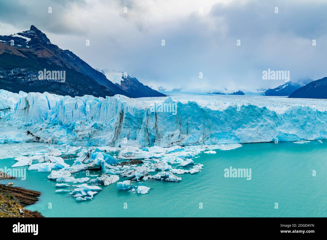 View of Perito Moreno Glacier with Iceberg floating in Argentina lake Stock Photo
