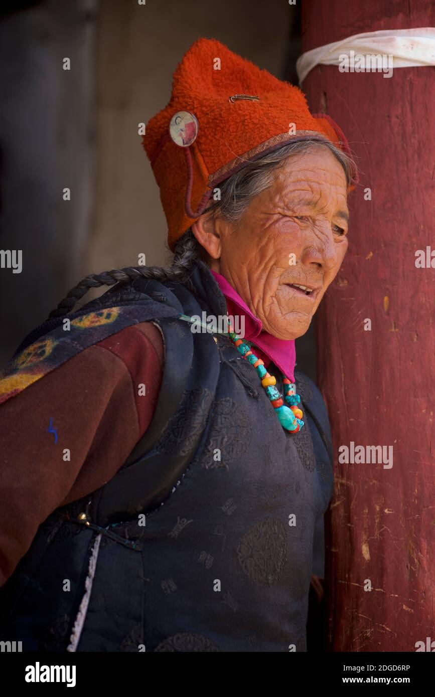 Ladakhi women in traditional dress and hat at the Karsha Gustor