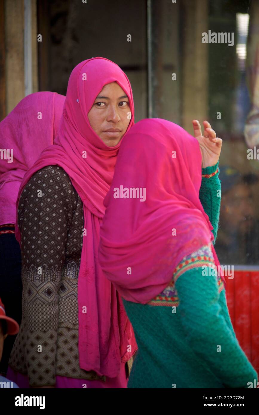 Women from the predominantly muslim Kargil area of Ladakh wearing pink headscarves. Kargil,  Jammu and Kashmir, India Stock Photo