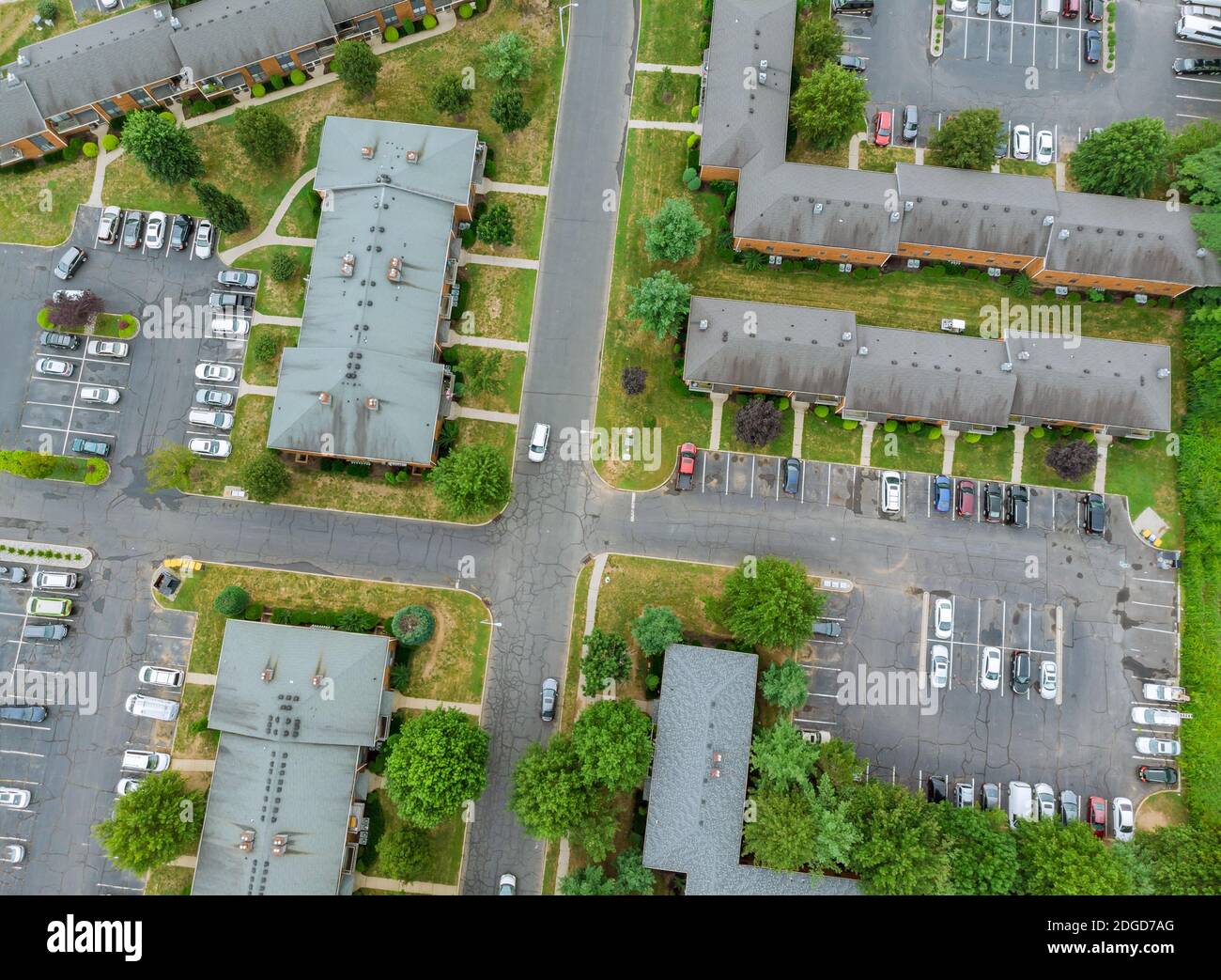 Aerial view over suburban homes and roads in a residential suburban district Stock Photo