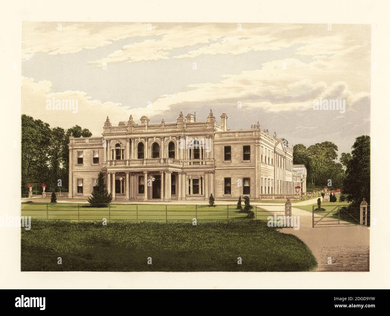 Rolleston Hall, Staffordshire, England. House occupied since the reign of Henry III, 13th century, destroyed by fire in 1871, and rebuilt soon after by Sir Tonman Mosley, 3rd Baronet, ancestor of the fascist Oswald Mosley. Colour woodblock by Benjamin Fawcett in the Baxter process of an illustration by Alexander Francis Lydon from Reverend Francis Orpen Morris’s A Series of Picturesque Views of the Seats of Noblemen and Gentlemen of Great Britain and Ireland, William Mackenzie, London, 1880. Stock Photo