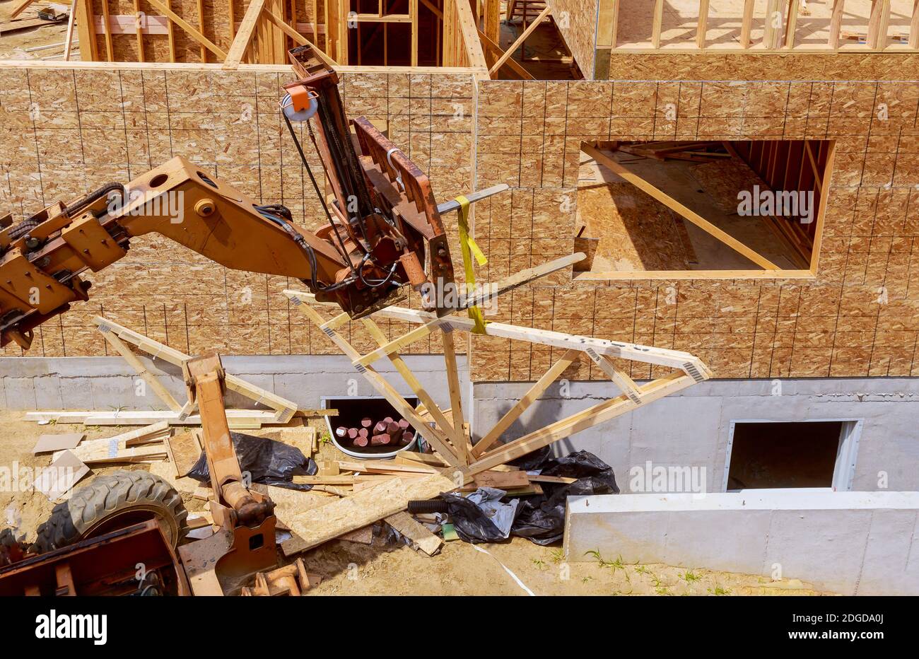 Building construction, wood framing structure at new property development site Stock Photo