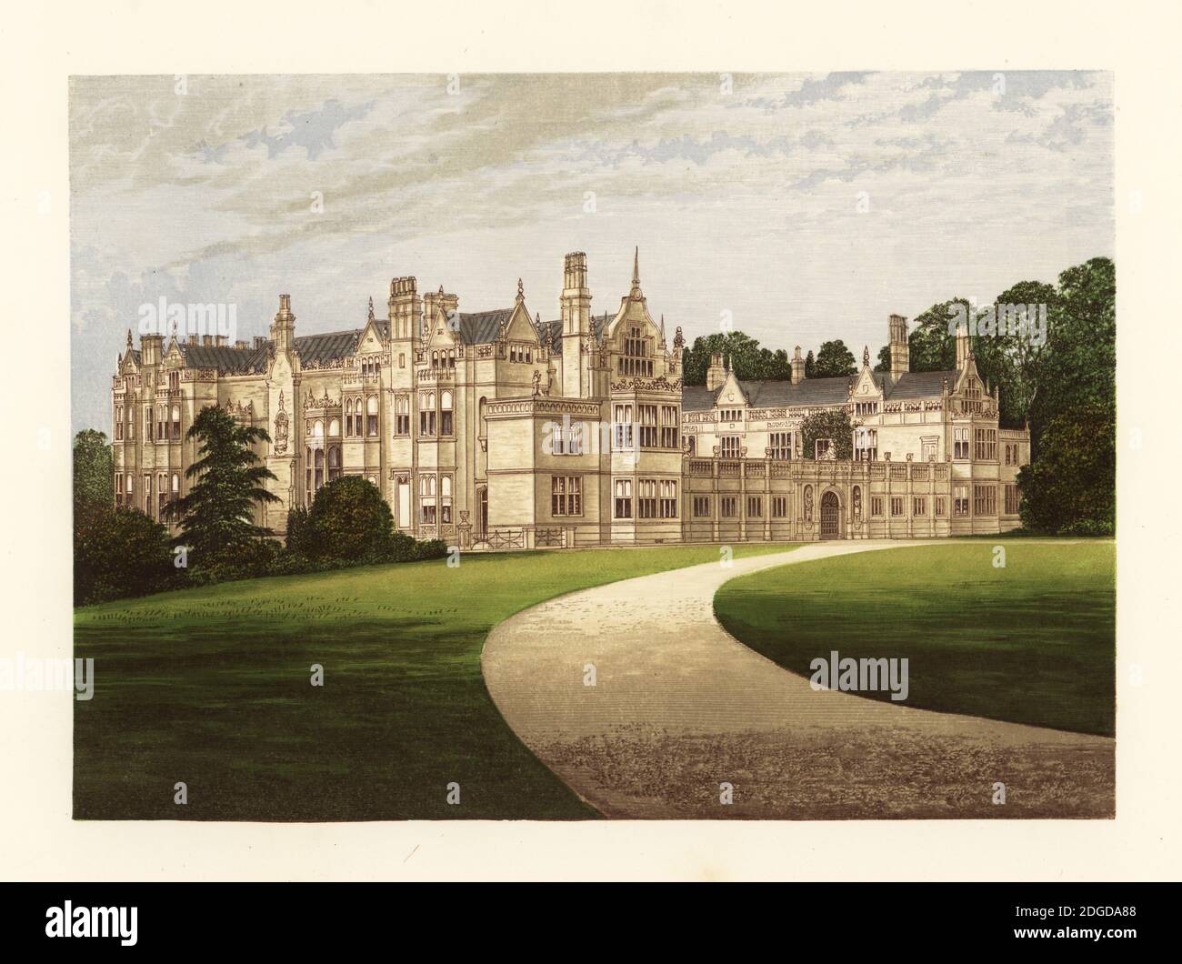 Rushton Hall, Northamptonshire, England. Built by Sir Thomas Tresham in 1527, home of Miss Clara Thornhill and her husband William Capel Clarke-Thornhill. Colour woodblock by Benjamin Fawcett in the Baxter process of an illustration by Alexander Francis Lydon from Reverend Francis Orpen Morris’s A Series of Picturesque Views of the Seats of Noblemen and Gentlemen of Great Britain and Ireland, William Mackenzie, London, 1880. Stock Photo