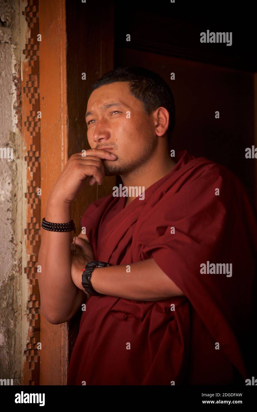 Portrait of monk in contemplation. Karsha monastery, near Padum Zanskar Valley, Ladakh, Jammu and Kashmir, northern India Stock Photo