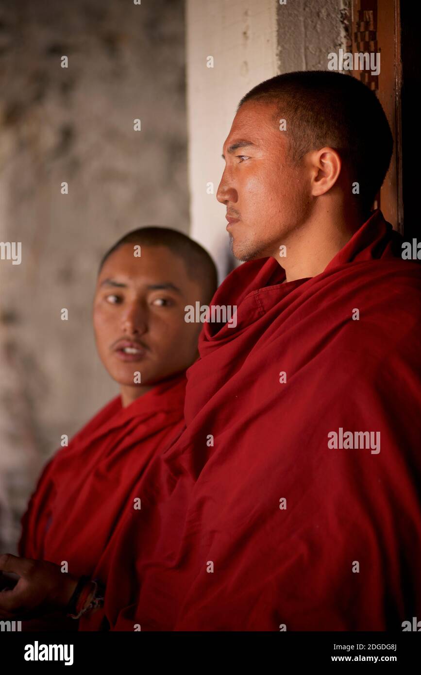 Monks in monastic attire at Karsha monastery, near Padum Zanskar Valley, Ladakh, Jammu and Kashmir, northern India Stock Photo