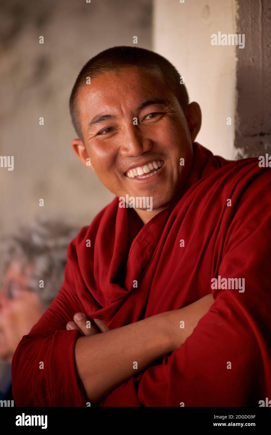 Portrait of a friendly monk at Karsha monastery, near Padum Zanskar Valley, Ladakh, Jammu and Kashmir, northern India Stock Photo