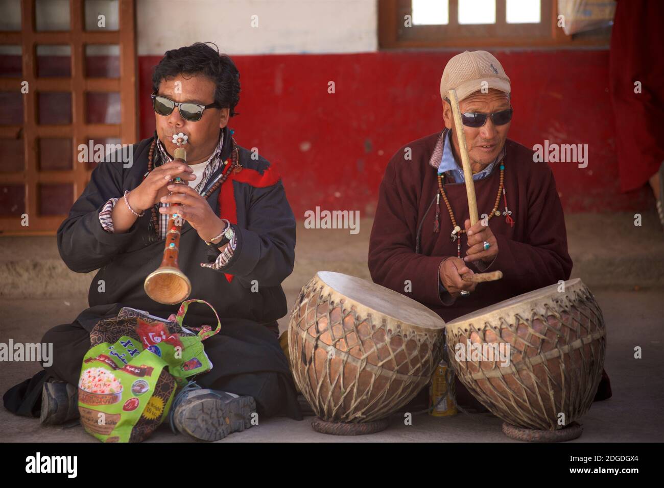 Musicians with Tibetan horn and drum playing at Karsha Gustor festival