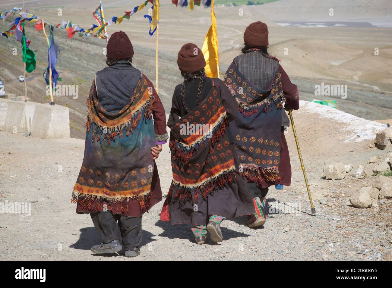 Ladakhi women in traditional dress, including tiedyed woollen shawls