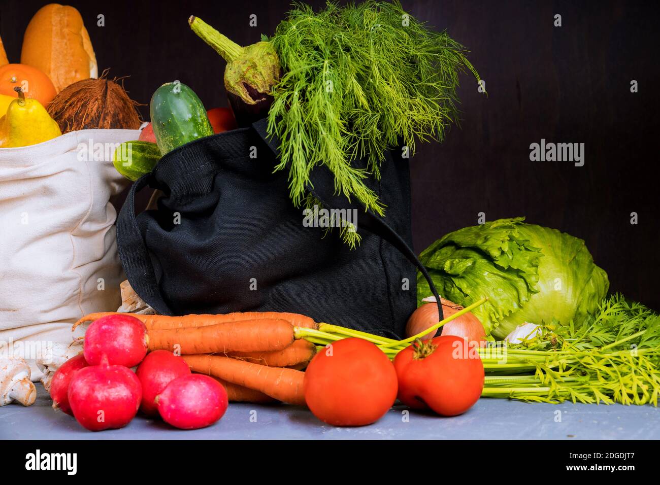 Shopping, groceries, bags full of vegetables and fruits. Stock Photo