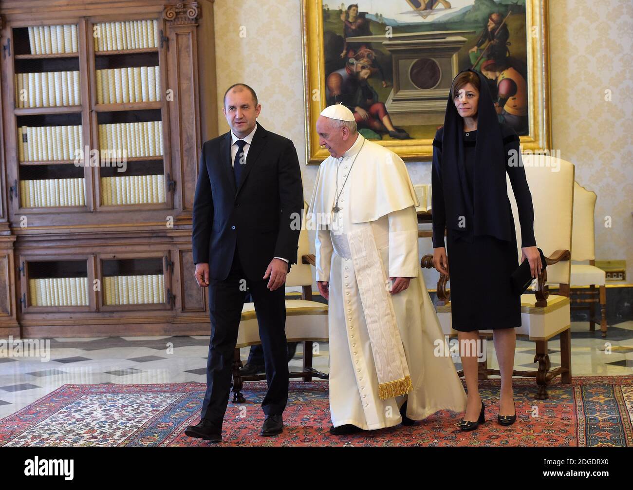 Pope Francis meets with Rumen Radev, President of Bulgaria and his wife Desislava Radeva at the Vatican on May 26, 2017. Photo by Eric Vandeville/ABACAPRESS Stock Photo