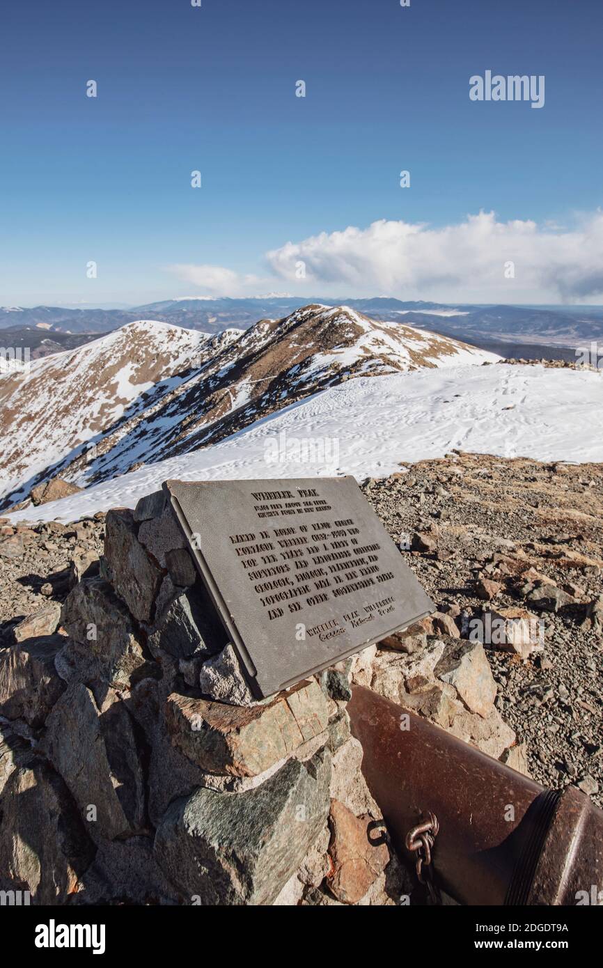 Summit plaque on Wheeler Peak, New Mexico's highest mountain, Taos Stock Photo