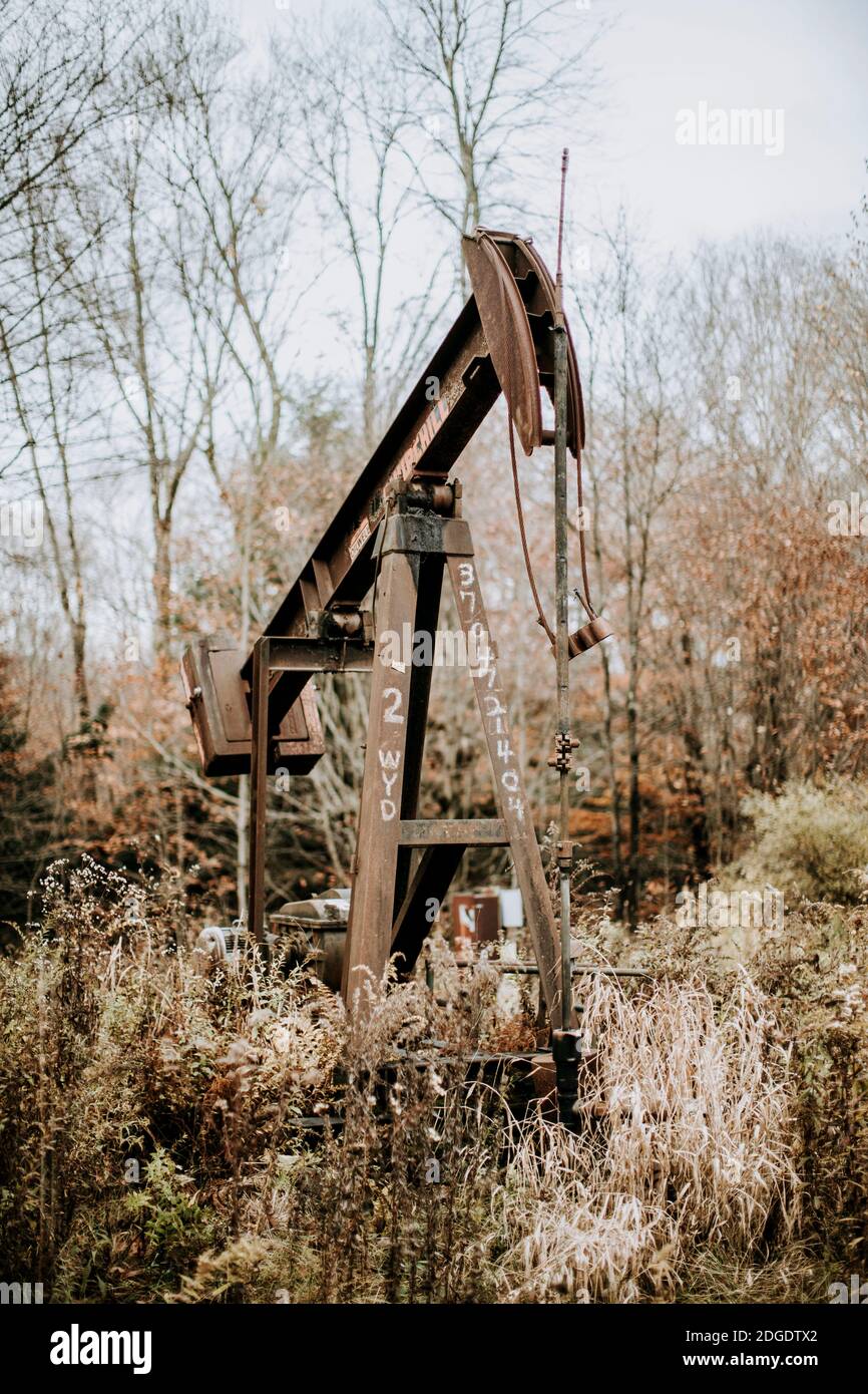 rusty old oil rig in Allegheny National Forest, Pennsylvania Stock