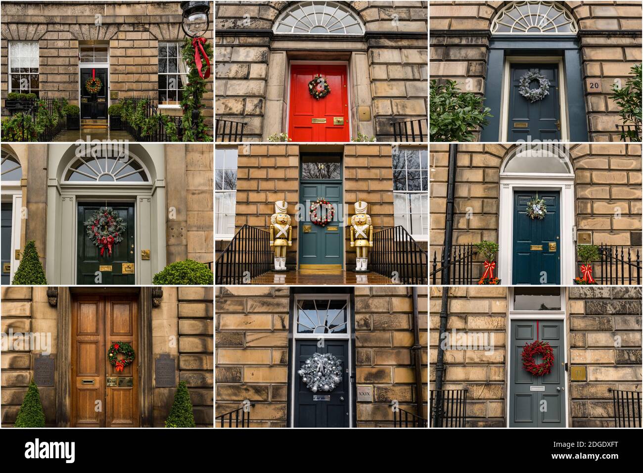 Composite of New Town townhouses front doors with Christmas