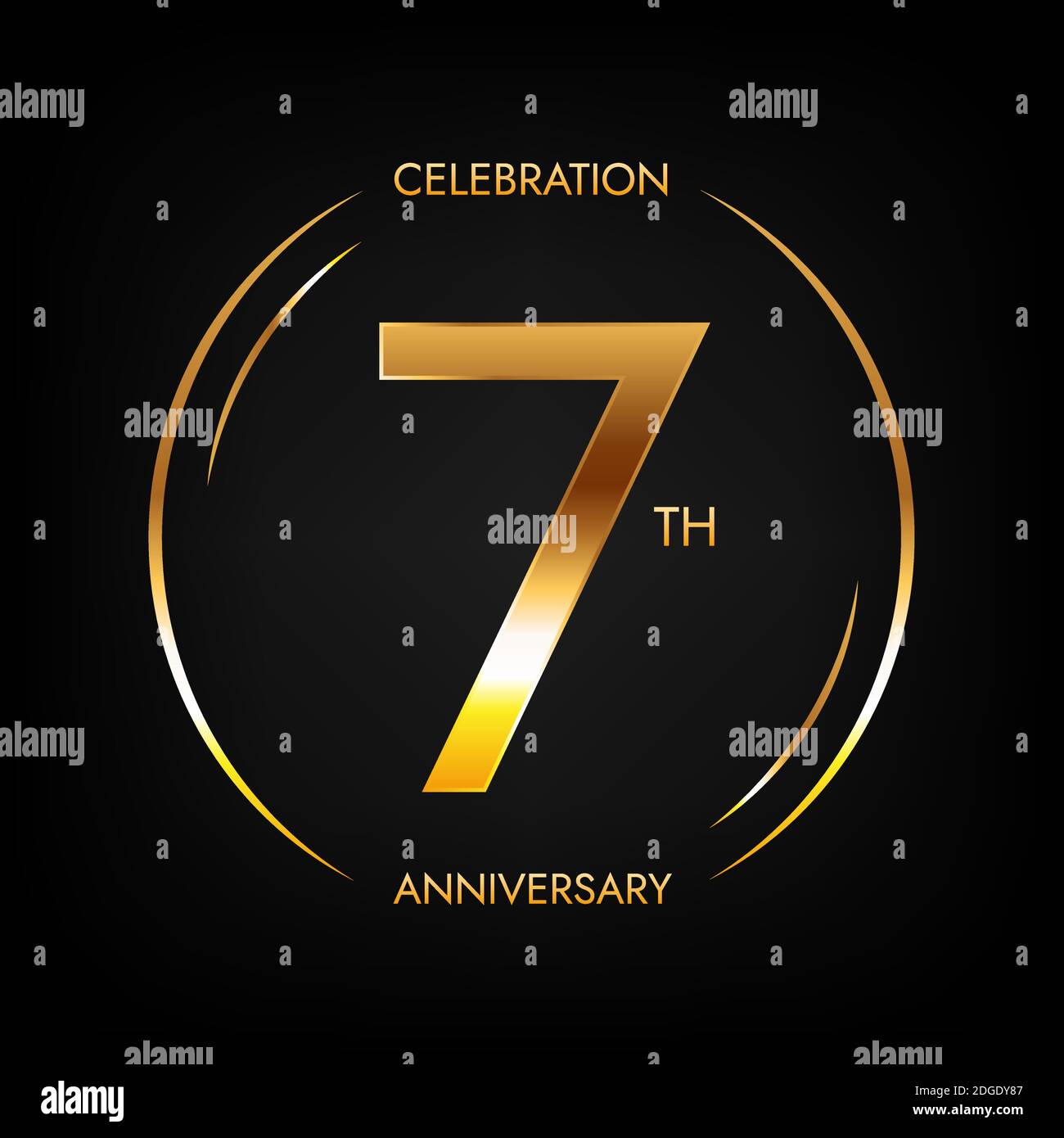 7th anniversary. Seven years birthday celebration banner in bright golden color. Circular logo