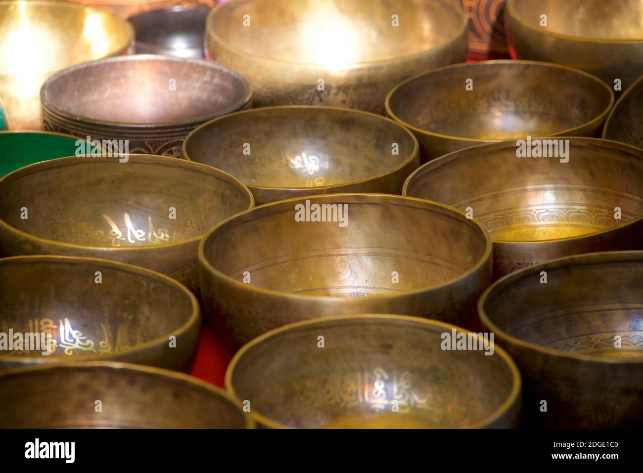 Buddhist singing bowls for sale on a market stall, Ladakh, Jammu and Kashmir, India Stock Photo