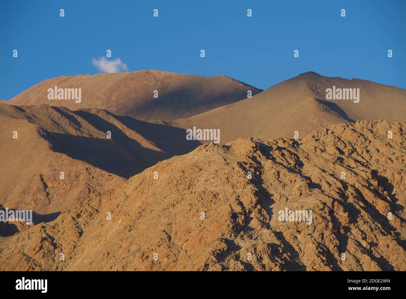 Late afternoon view of the landscape surrounding the Shanti Stupa at Chanspa, Leh district, Ladakh, Jammu and Kashmir, India in July Stock Photo