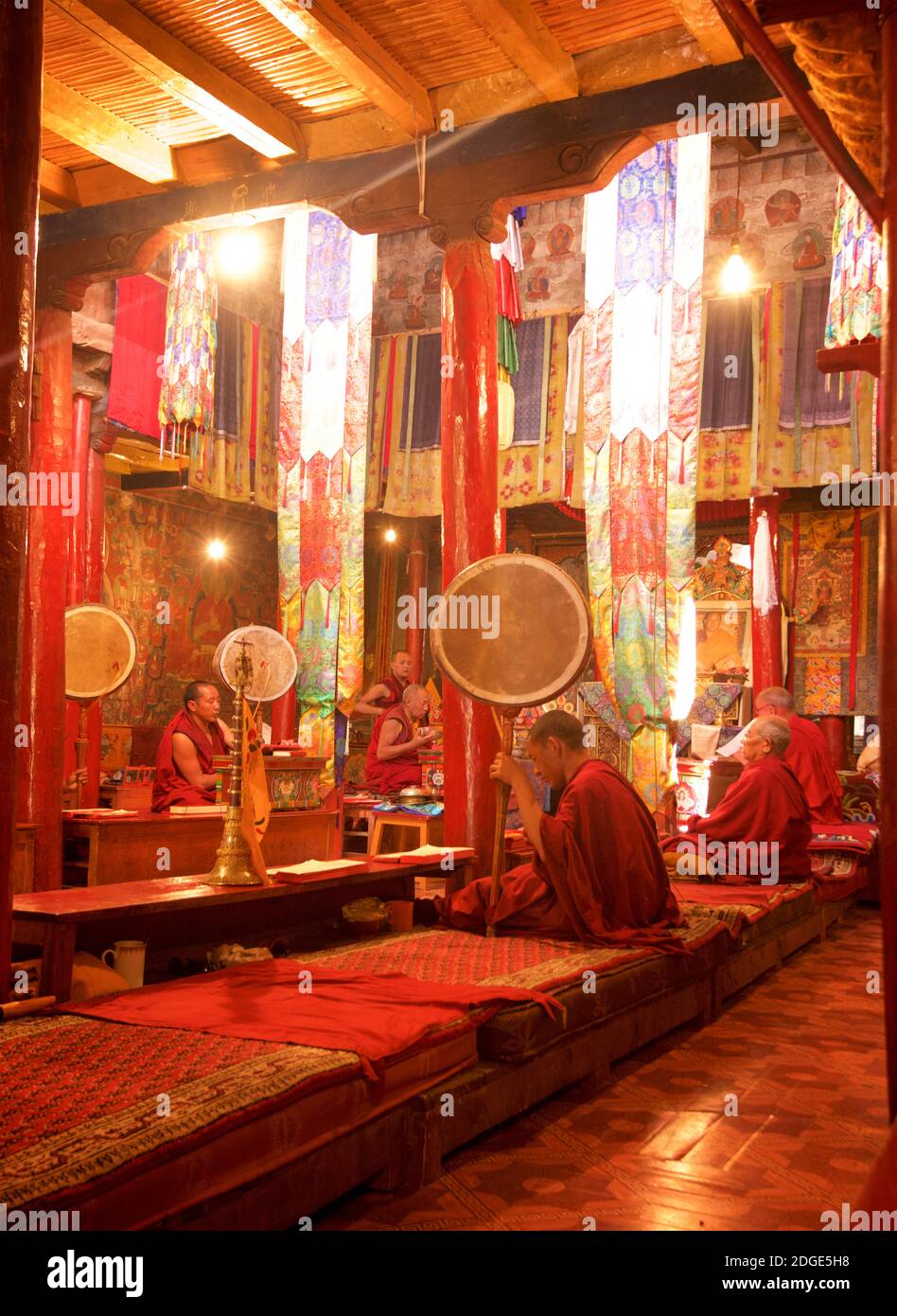 Prayer hall with monks in session, Likir monastery, Ladakh, Jammu and Kashmir, India Stock Photo